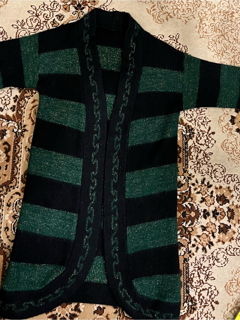 Cozy Green and Black Striped Open-Front Women's Sweater Cardigan